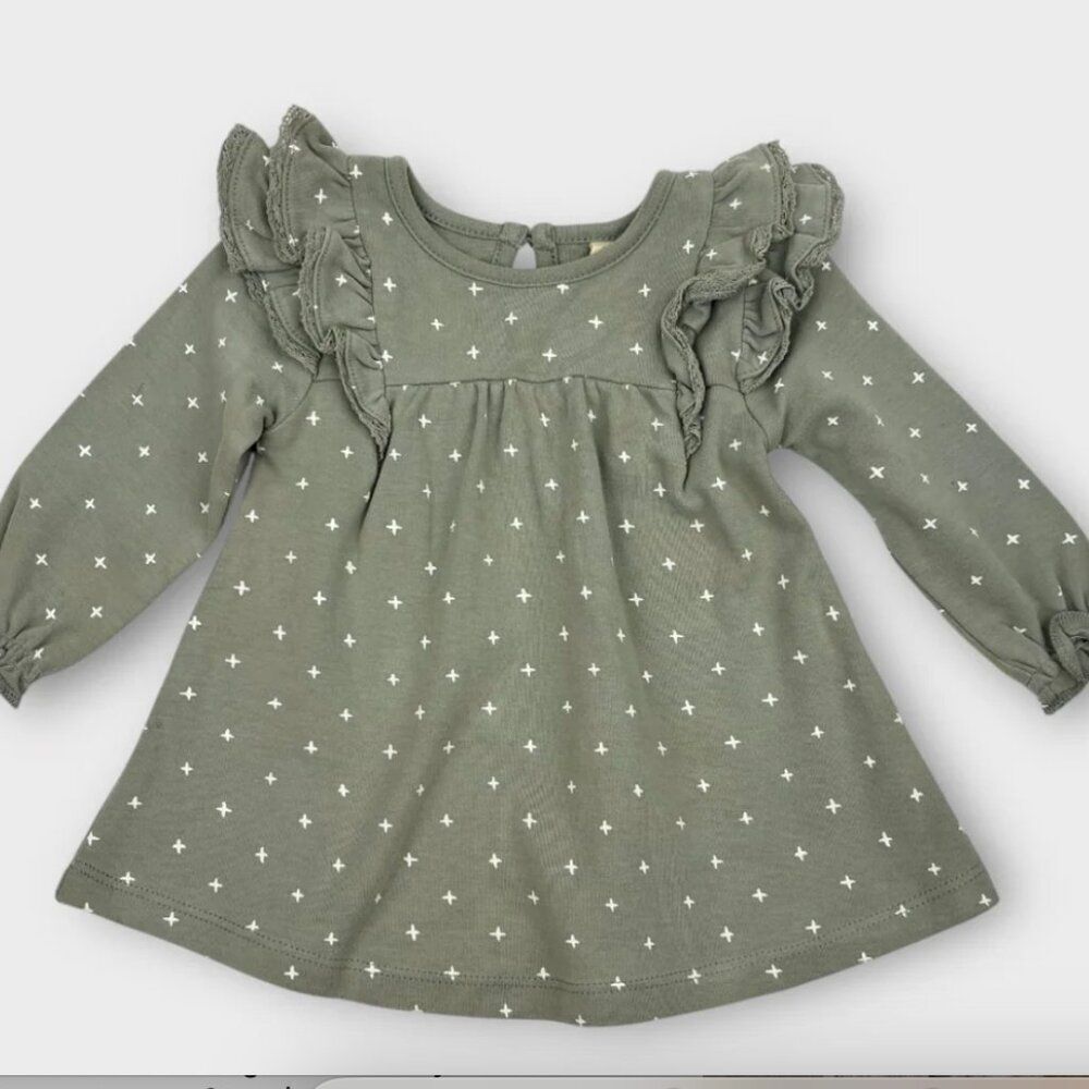 Quincy Mae sage green and white print dress ruffles organic cotton size 6-12 mon